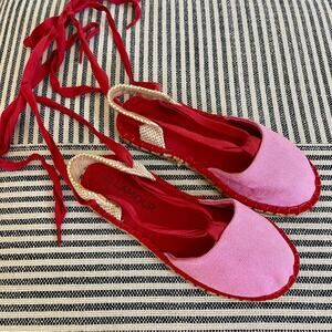 NEW L’Amour Lace Up Espadrilles Ribbon Tie Flats Pink and Red Little Girls 13
